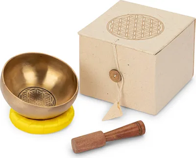Produktbild von Klangschalen Set 280g mit Klöppel und Pad Tibetische Blume des Lebens Handarbeit