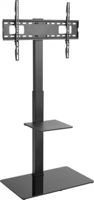 A black TV stand with a mount for a television and a shelf.