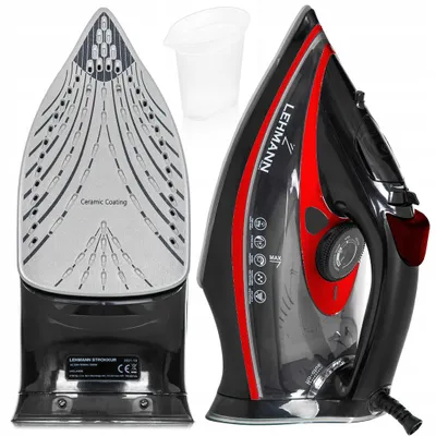 A product image showing a steam iron and its soleplate, along with a water measuring cup.