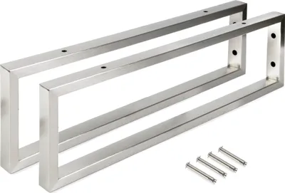 Two silver rectangular metal brackets and four screws on a white background.