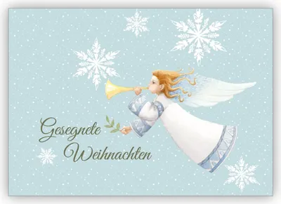 Produktbild von 4x Zarte Weihnachtskarte mit Verkündigungs Engel im Schnee Gestöber mit Sternen: Gesegnete Weihnachten
