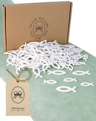 Image de Décoration en bois représentant des poissons et des herbes, lot de 150 pièces, couleur blanche, idéale pour la décoration de la cuisine