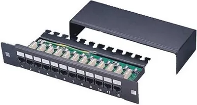 Produktbild von XtendLan Patchpanel 10", 12 Ports, 1HE, Cat5e, STP, LSA, mit Abdeckung, horizontale Steckeranordnung, Erdung, schwarz