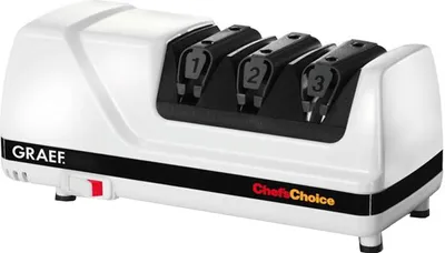A white electric knife sharpener with three sharpening slots labeled 1, 2, and 3.