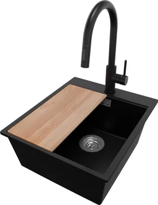 Produktbild von PRIMAGRAN Granitspüle Schwarz 43x50cm, Spülbecken 1 Becken + Küchenarmatur 40x20cm + Ablauf-Set + Schneidebrett, Küchenspüle ab 45er Unterschrank - Oslo