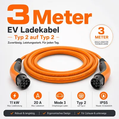 Zdjęcie produktu dla Kabel do ładowania typu 2, do 11 kW, 3 m, pomarańczowy