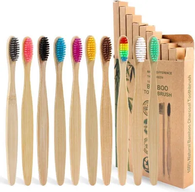 Image de SWKJ Brosses à dents en bambou | Poils souples, 10 pièces, pour adultes et enfants