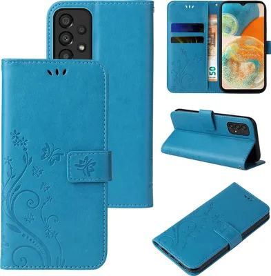 Produktbild von Handyhülle für Samsung Galaxy A23 5G Floral Blumen Schmetterling Flip Cover Hülle Case Klapphülle Handytasche Farbe: Blau