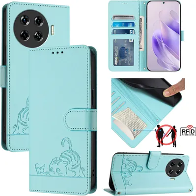 Produktbild von Leder Hülle für Tecno Spark 20 Pro+ Süße Katze Flip Case Brieftasche Schutzhülle mit Standfunktion hellgrün