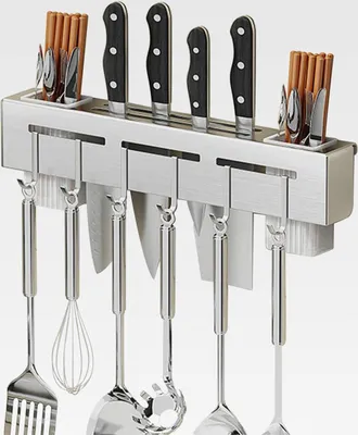 Produktbild von Hakenleiste Küche, Aufhängung Küchenutensilien mit 6 Haken, Hakenleiste Küche ohne bohren Messer Organizer für Küchenutensilien, Küchenhelfer, Kochzubehör (Silber)