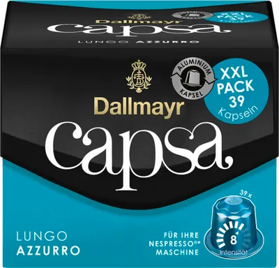 A product box for Dallmayr Capsa Lungo Azzurro coffee capsules.