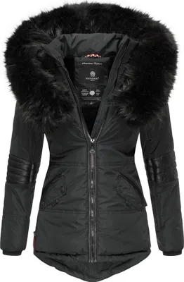 Produktbild von Navahoo Nirvana Vegane Damen Winter Steppjacke mit abnehmbarer Kapuze mit Kunstpelzkragen und Teddyfell Futter Schwarz Gr. 34 - XS