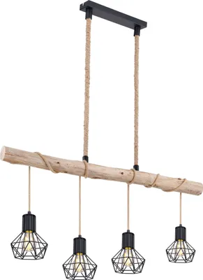 A hanging lamp with a wooden beam and four diamond-shaped metal cages, each holding a light bulb.