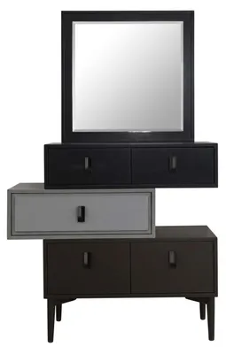 Productafbeelding van Zwarte en witte slaapkamer: bed, commode, nachtkastjes, bureau, boekenkast