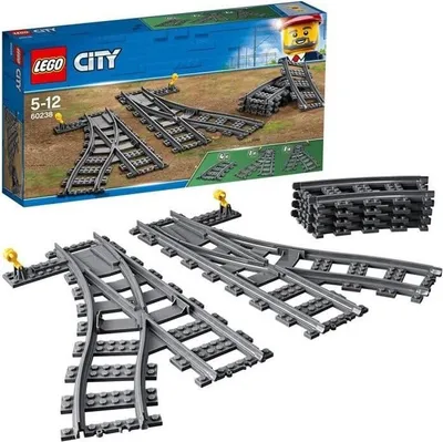 Image de LEGO City Les Aiguillages 60238, Ensemble de Rails, 4 Rails Courbés, Aiguillage Gauche et Droit, Compatible LEGO City, 5+ Ans