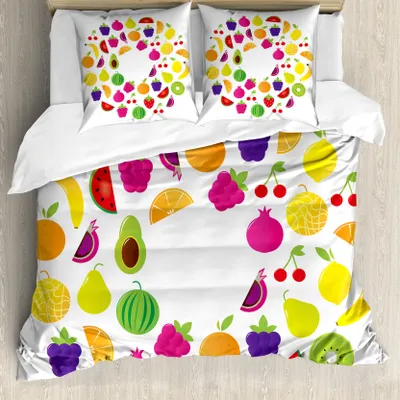 Produktbild von ABAKUHAUS Obst Bettbezug Set für Einzelbetten, Tasty Circle of Bio-Lebensmittel, Milbensicher Allergiker geeignet mit Kissenbezug, 155 cm x 220 cm - 80 x 80 cm, Mehrfarbig