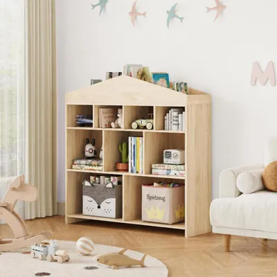 Image de Étagère bibliothèque pour enfants, forme de maison, étagère autoportante, dimensions 100x103x30 cm, couleur naturelle