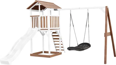 Produktbild von AXI Beach Tower Spielturm aus Holz in Braun & Weiß | Spielhaus für Kinder mit weißer Rutsche, Nestschaukel und Sandkasten | Stelzenhaus für den Garten
