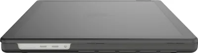 A closed laptop case is shown from a slightly elevated side angle against a white background.
