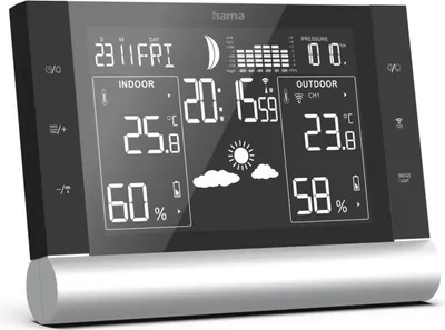 A digital weather station displaying indoor and outdoor temperature, humidity, time, and pressure.