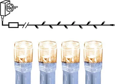 Diagram of a string of lights connected to a power source, with a close-up of several LED bulbs.