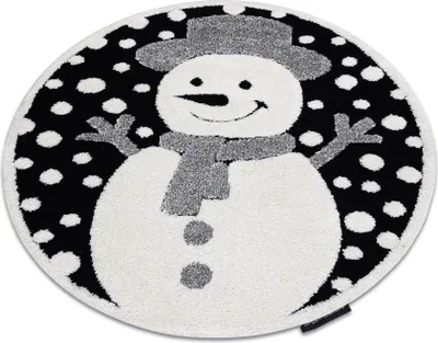 Produktbild von Moderner Kinderteppich JOY Kreis Snowman Schneemann, für Kinder - strukturelle, zwei Ebenen aus Vlies schwarz / creme Grau rund 140 cm