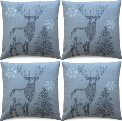 Produktbild von 4er Set Kissenhüllen 50x50 cm grau mit Hirsch als Weihnachts-Deko