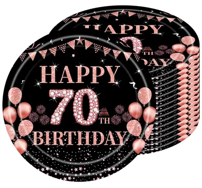 16 Papier-Einwegteller 23 cm Schwarz Roségold 70. Geburtstag