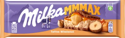 Produktbild von Milka Mmmax Vollmilchschokolade mit Karamell-Füllung und ganzen Haselnüssen 300 G
