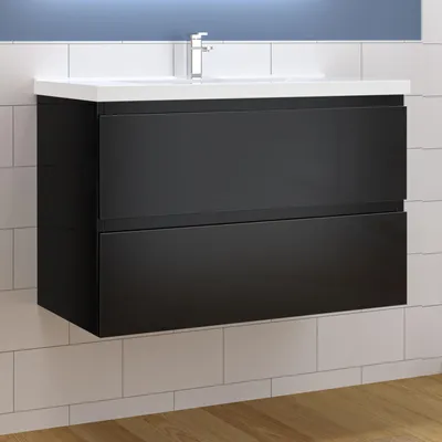 Produktbild von Waschtisch mit Unterschrank 100cm Alast Badmöbel Set Hochglanz Schwarz Waschbecken mit Unterschrank MDF Softclose