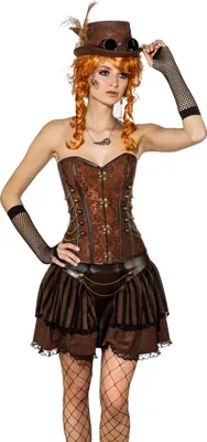 A woman wearing a steampunk-style corset and skirt.
