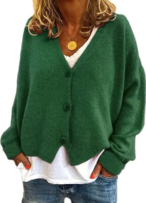 Produktbild von ASKSA Damen Strickpulli Lose Lässige Strickjacken V-Ausschnitt Einfarbig Knopf Strickjacke Pullover, Dunkelgrün, 2XL