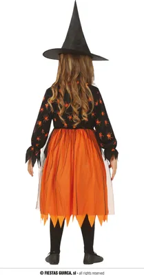 A child wearing a witch costume, viewed from the back.