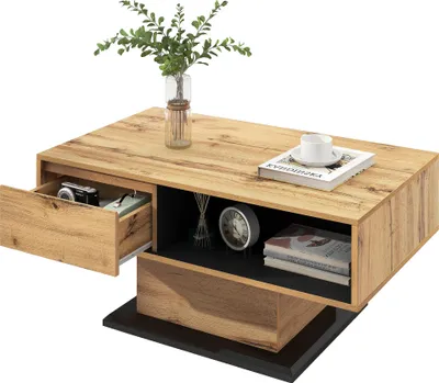 Image de Fortuna Lai Table basse en bois veiné, avec 1 tiroir et espace de rangement, 100x47x60cm, chêne + gris noir