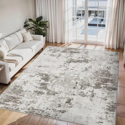Image de Tapis abstrait pour salon, dimensions 240x340 cm, peluche courte, lavable, couleur beige