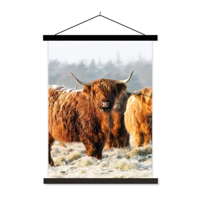 Produktbild von MuchoWow® Textilposter Schottische Highlander - Schnee - Wald 40x53 cm mit schwarzem Rahmen - Abbildung