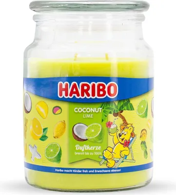 Produktbild von Haribo™ Duftkerze Coconut Lime, 2 Dochte, HxD: 13 x 10 cm, 100h Brenndauer, Kerze im Glas, Kokosnuss & Limette, gelb