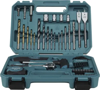 A teal plastic tool case filled with various drill bits, sockets, and a ratchet.