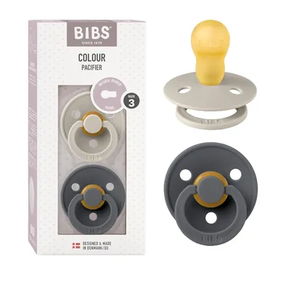 Produktbild von BIBS Colour Schnuller 2er-Pack, BPA-frei, Kirschform Nippel. Naturkautschuk / Latex, Hergestellt in Dänemark, Größe 3 (18+ Monate), Sand / Iron