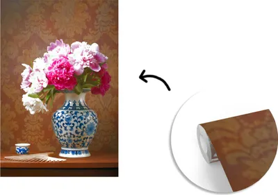 Produktbild von MuchoWow® Fototapete für Wohnzimmer oder Schlafzimmer Wandtapete Vinyl Motivtapete Pfingstrosen - Vase - Farben - 150x220 cm - Wandbilder