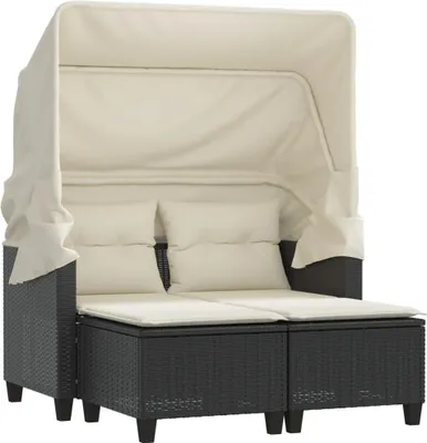 Produktbild von vidaXL Gartensofa 2-Sitzer mit Dach und Hockern Schwarz Poly Rattan
