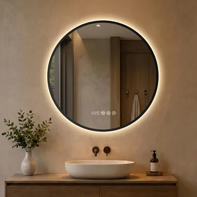 Produktbild von S'AFIELINA LED Badezimmerspiegel Rund Ø60 cm, Schwarzer Rahmen, 3 Lichtfarben, stufenlos dimmbar, Antibeschlag, Uhr & Temperaturanzeige, Memory