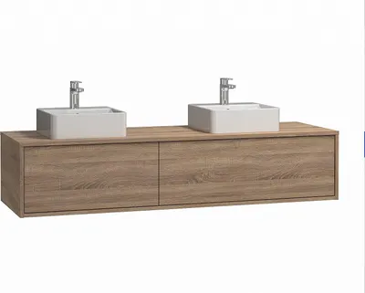 Produktbild von Heller natürlicher wandhängender Badezimmerschrank mit zwei Waschbecken - Breite 150 - ISAURE II