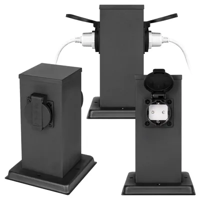 Obrázok produktu pre Záhradná zásuvka MasterLED Ontario 230V - 20cm čierna - 2x zásuvka Schuko - stĺp napájania odolný voči poveternostným vplyvom na vonkajšie použitie