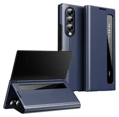 Produktbild von Kunstleder Hülle für Samsung Galaxy Z Fold 4, Intelligentes Handyhülle mit Smart Side Window Blau