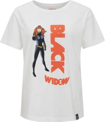 Immagine prodotto di T-shirt nera con stampa grafica "Black Widow", design classico, colore ecru, taglia S