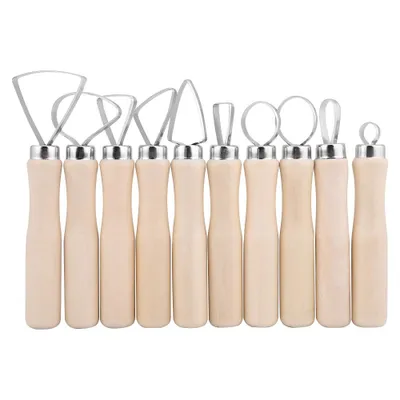 A set of 10 pottery sculpting tools with wooden handles and metal tips, arranged in a row against a white background.