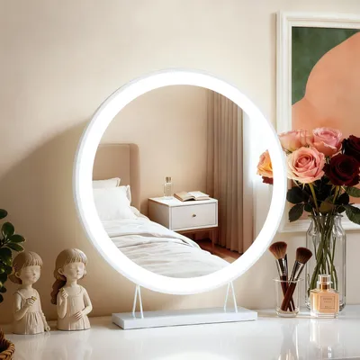 Produktbild von Heilmetz LED Kosmetikspiegel Rund (Ø 48cm), Schminkspiegel mit Touch-Schalter, 3 Lichtfarben & stufenlos Dimmbar, Tischspiegel Weiß