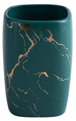 Image de Gobelet à brosses à dents, céramique, aspect marbre, vert, 10,8 x 7,2 cm