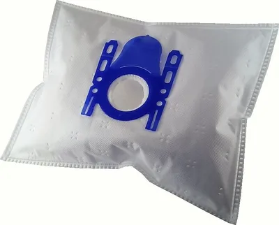 A white vacuum cleaner dust bag with a blue plastic fitting.